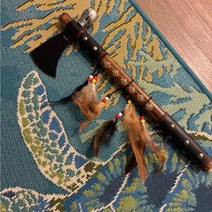 Tomahawk with Beaded Handle and Feathers peace pipe